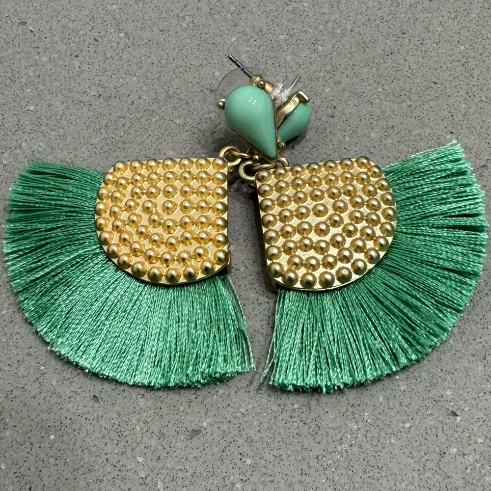 J. Crew Factory Gold and Green Fringe Tassel Earrings